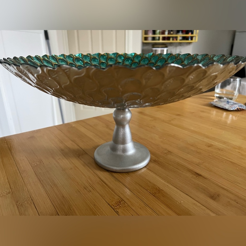 Silver and Teal Decorative Pedestal Bowl